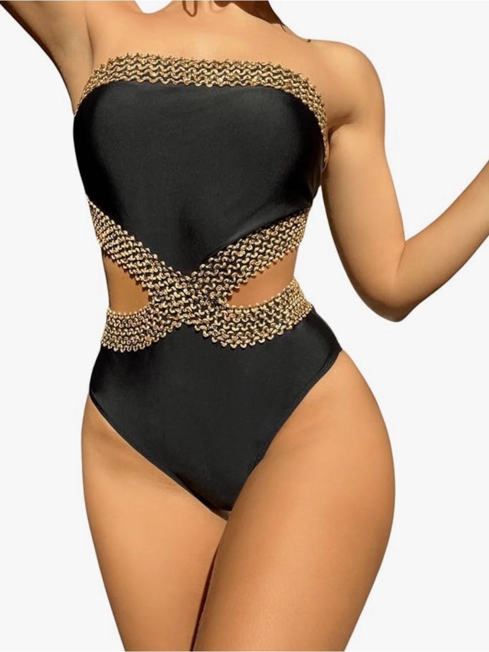 Strapless Black One-Piece Swimsuit with Gold Trim - Large